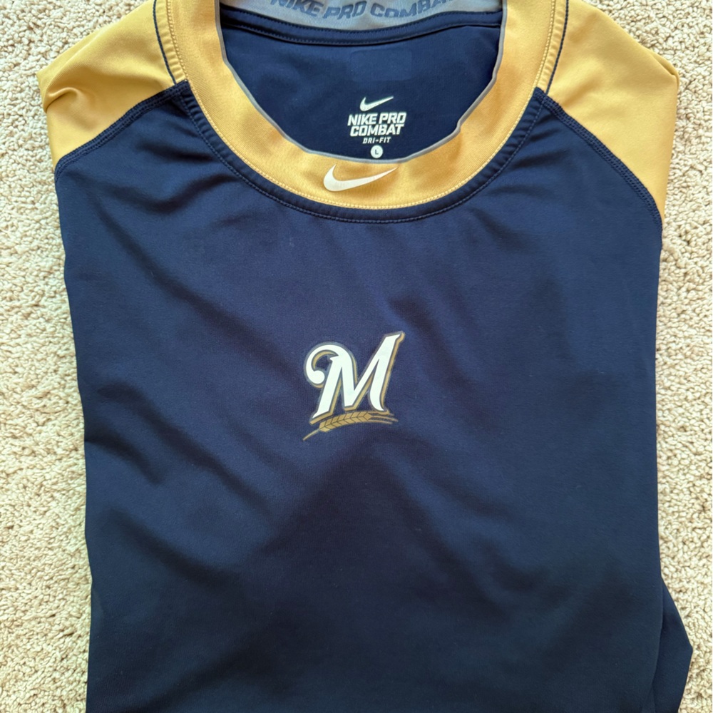 Nike MLB Milwaukee Brewers Pro Combat Dri-Fit Fitted performance Jersey Shirt